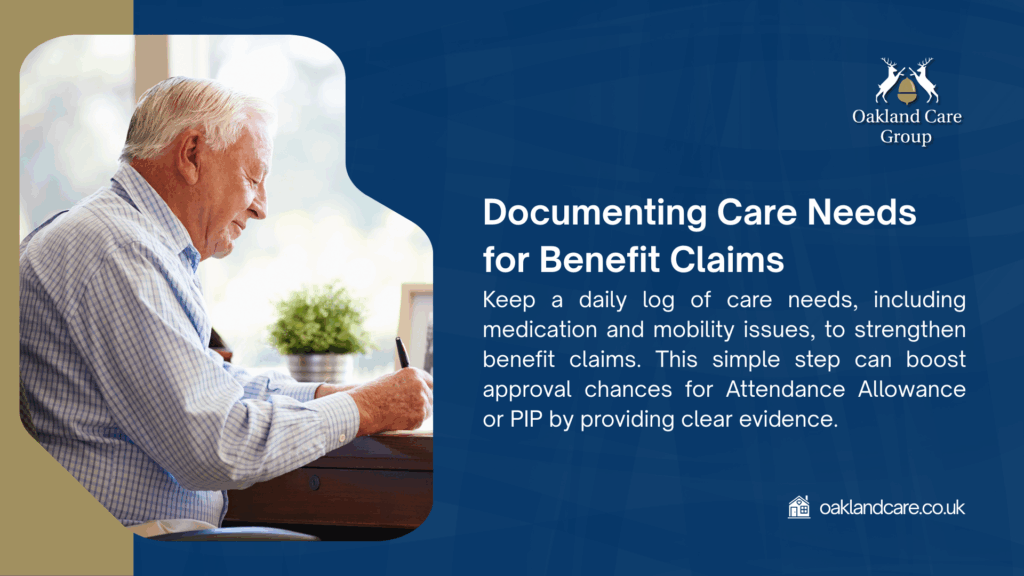"benefit claims" showing an elderly man writing, with text advising a daily log of care needs like medication and mobility issues to boost Attendance Allowance or PIP approval. - care home and self-funding