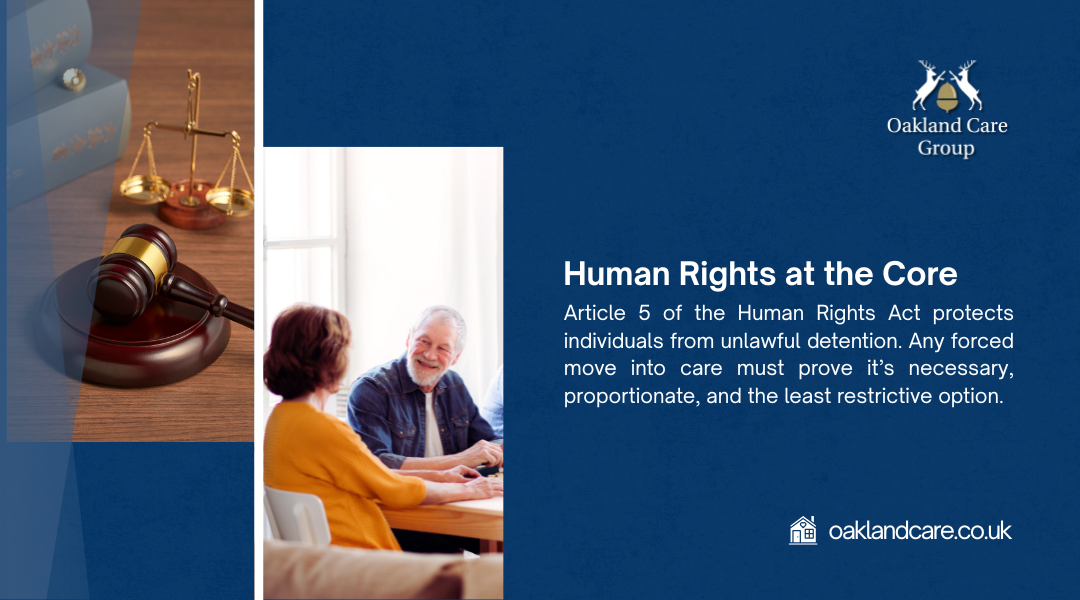 An elderly couple discussing at a table, with a gavel and scales of justice image, alongside text on Article 5 of the Human Rights Act protecting against unlawful detention, branded by Oakland Care Group.