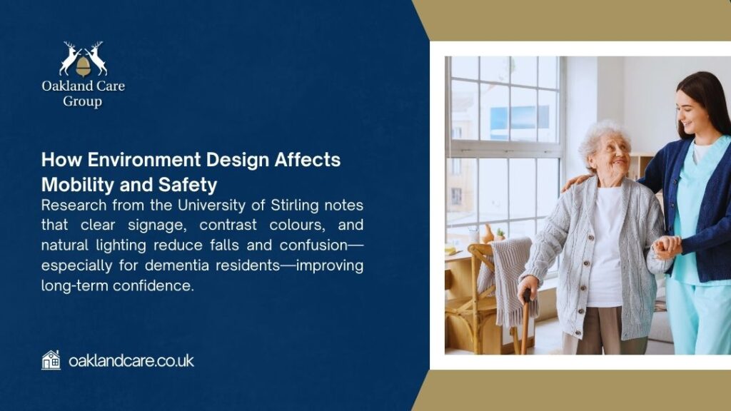 Caregiver supporting smiling elderly resident with walking stick near bright window. Text: Environment design with clear signage & natural light boosts mobility & safety for dementia residents.