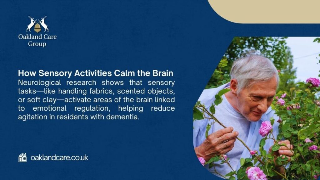 Elderly man gently smelling pink roses. Text: Sensory activities like touching fabrics & scents calm the brain, reducing agitation in dementia.