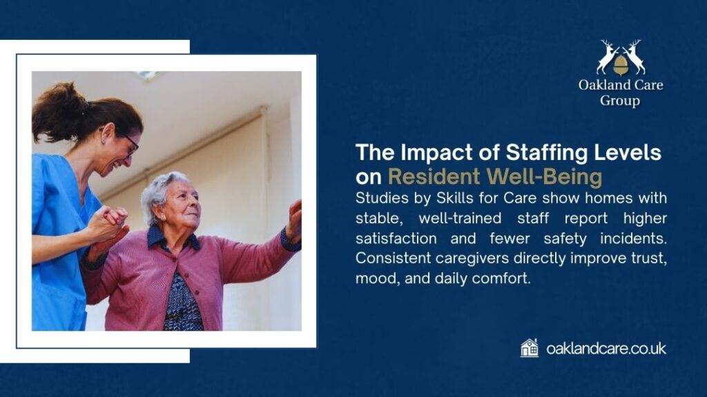 Caregiver in blue uniform laughing with elderly resident, holding hands. Text highlights how stable staffing improves resident well-being.