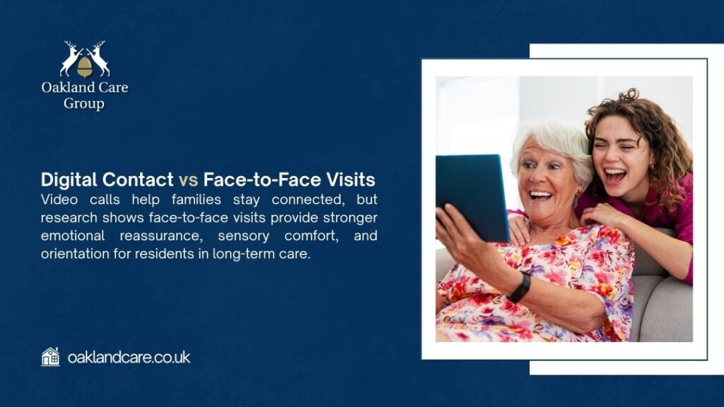 Elderly woman and younger visitor laughing while video calling on tablet, comparing benefits of digital contact versus in-person visits for care home residents.