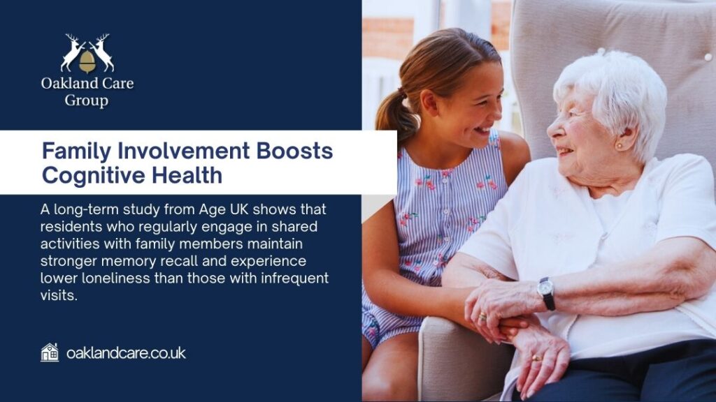 Young caregiver visiting and smiling with elderly woman in care home, showing benefits of in-person visits for resident wellbeing and reducing loneliness.