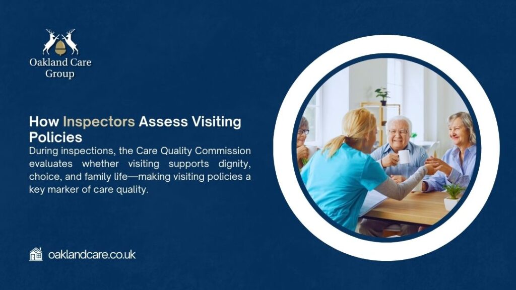 What are the visiting hours and policies at a care home - Elderly residents and visitors smiling together during care home visit, showing how inspectors assess visiting policies for dignity and family life quality.