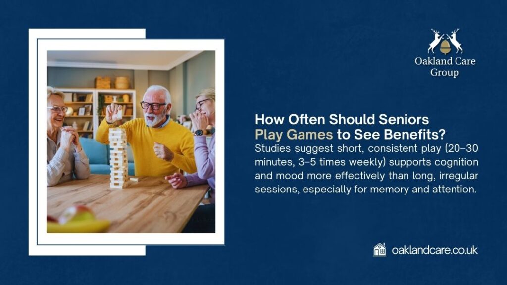 Group of happy elderly friends laughing and carefully stacking wooden blocks in a cozy living room during short, regular cognitive play session.