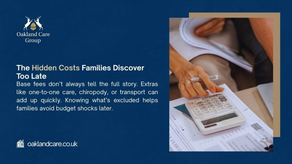 Hidden costs infographic showing person using calculator with financial documents, explaining extra care home fees families discover too late.