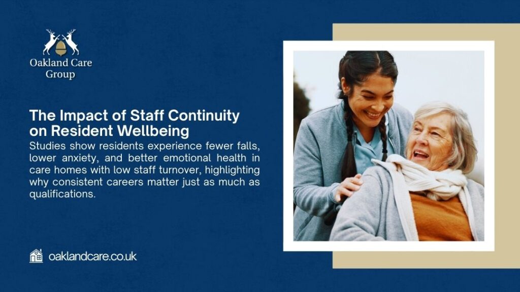 Caregiver and senior resident showing impact of staff continuity on resident wellbeing and emotional health in care homes