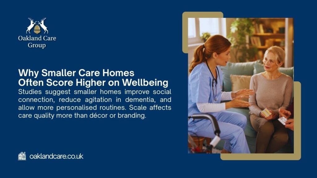 Caregiver providing personalized care to senior resident in smaller care home setting promoting better social connection and wellbeing