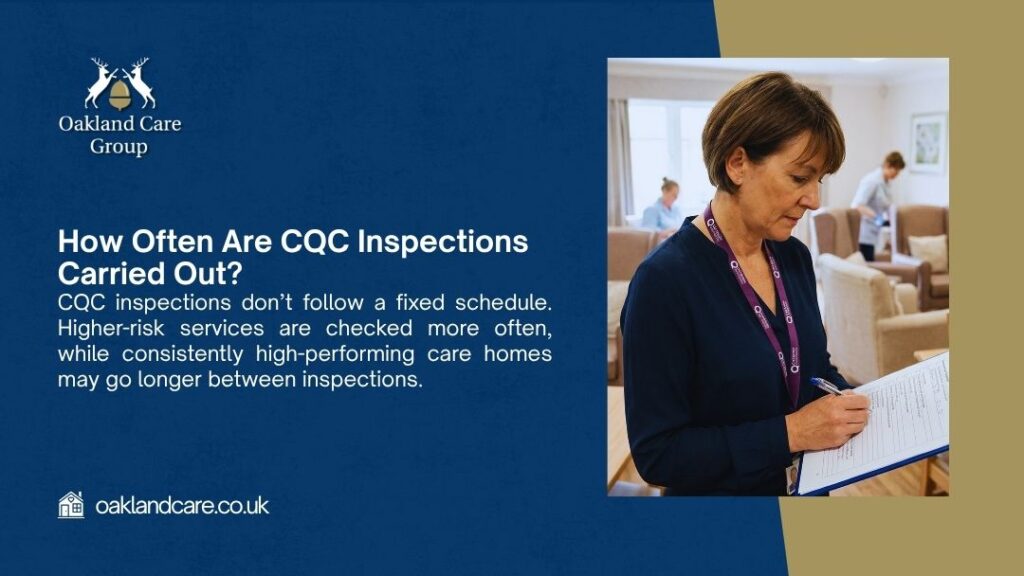 How Often Are CQC Inspections Carried Out? Woman in navy top and purple lanyard writing on a clipboard in a care home lounge, with staff working in the background. Oakland Care Group.