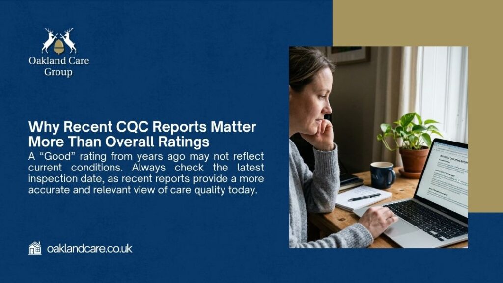 Why Recent CQC Reports Matter More Than Overall Ratings. Woman in grey sweater sitting at a wooden desk, thoughtfully reading a CQC inspection report on her laptop with a mug and notebook nearby.