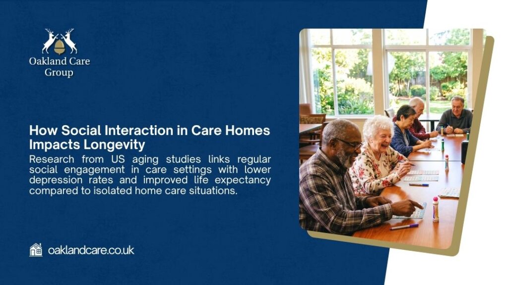 Elderly residents laughing and socializing at a care home activity table showing how social interaction in care homes impacts longevity.