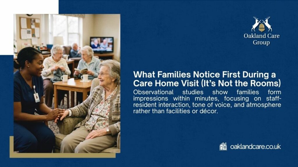 Care home nurse warmly engaging with an elderly resident in a communal lounge showing what families notice first during a care home visit.