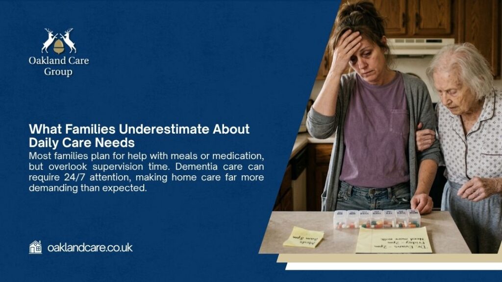 Stressed family caregiver helping an elderly woman with medication showing what families underestimate about daily care needs.