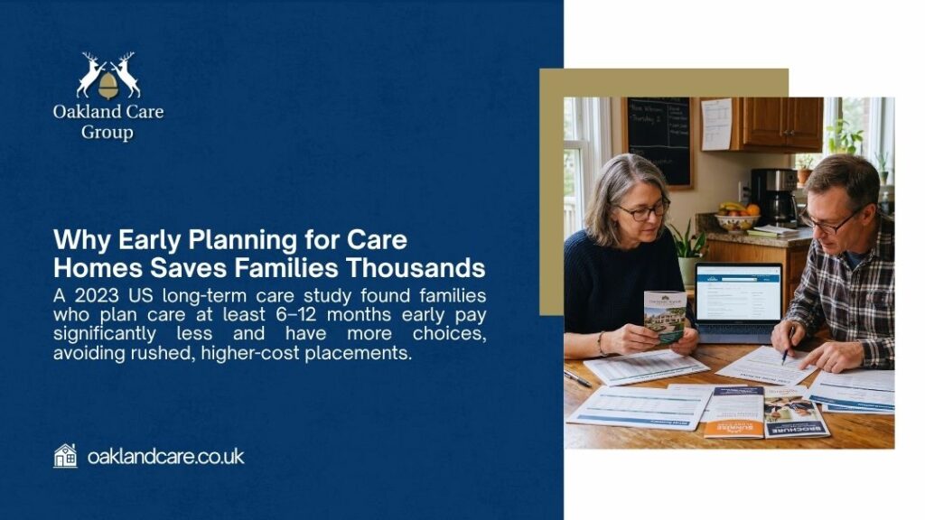 Couple reviewing care home brochures and documents at a kitchen table showing why early planning for care homes saves families thousands.
