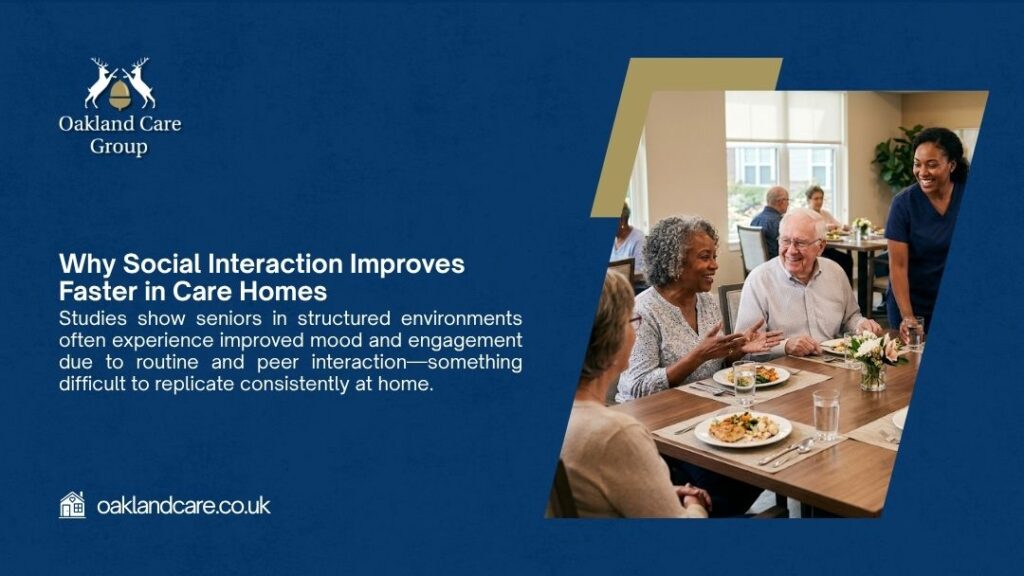 Elderly residents laughing and dining together with a care worker showing why social interaction improves faster in care homes.