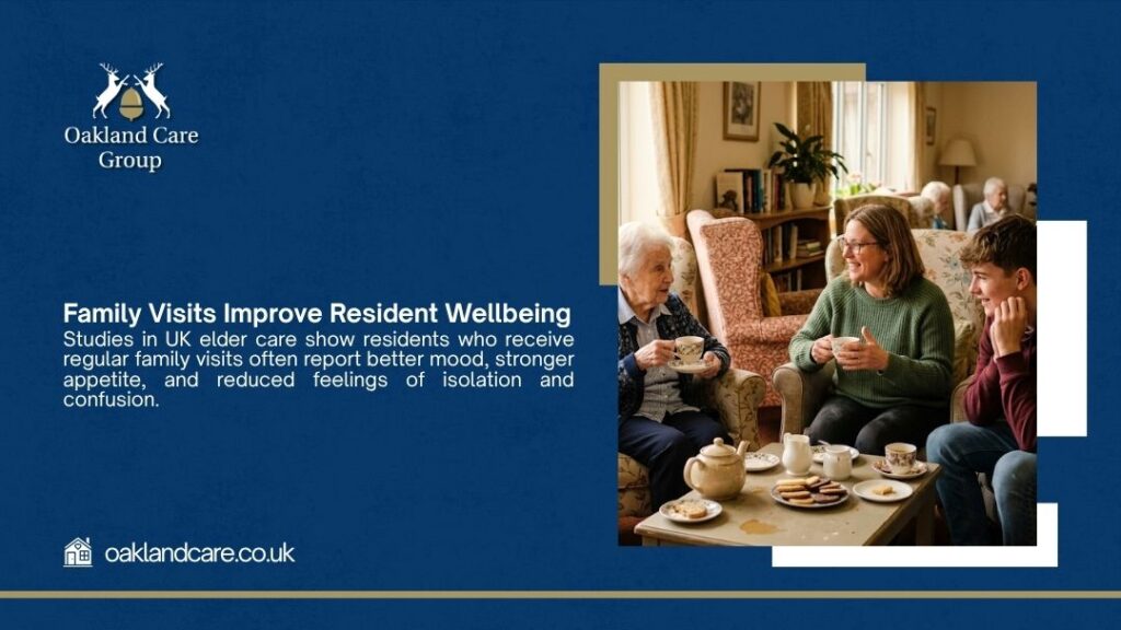 Oakland Care Group graphic "Why Mealtimes Reveal the Quality of a Care Home" showing care staff assisting smiling elderly residents during meals in a pleasant dining setting.