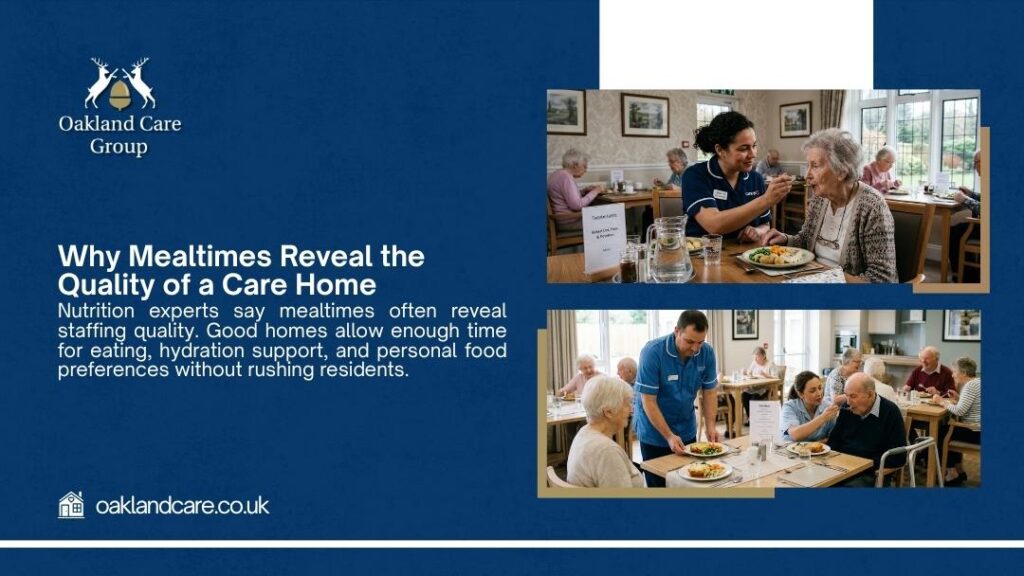 Oakland Care Group graphic "Why Mealtimes Reveal the Quality of a Care Home" showing care staff assisting smiling elderly residents during meals in a pleasant dining setting.