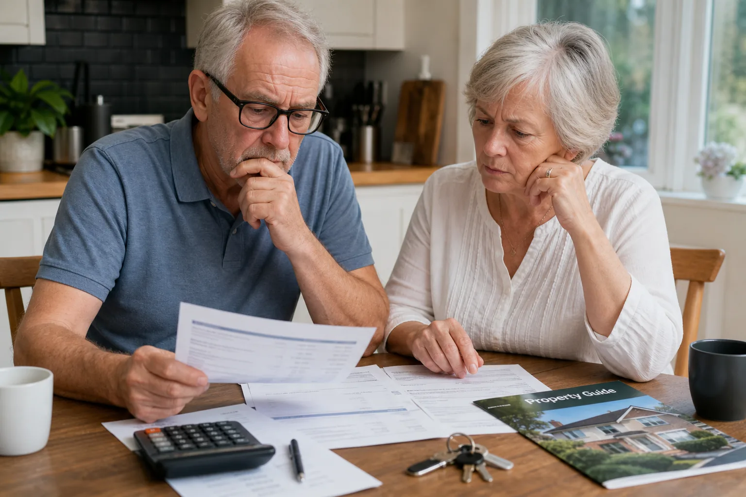 An older couple reviewing their savings and finances at home, representing the care home means test and capital thresholds