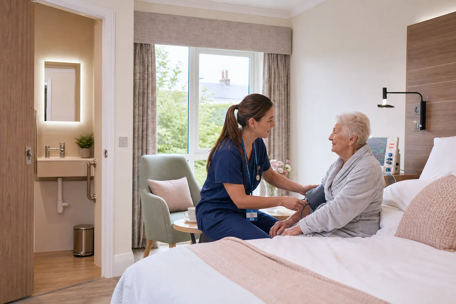 A registered nurse caring for an elderly resident in a private room, illustrating the difference between residential and nursing care