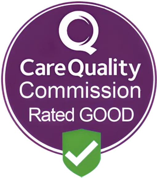 Purple Care Quality Commission Rated Good badge with a green shield and white tick